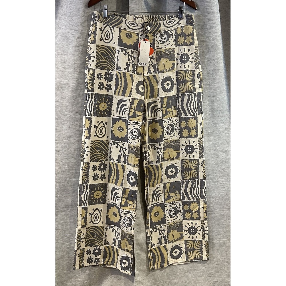 CIDER Pants Women's Beige Wide Leg High Rise Graphic Pattern Floral Size Large
